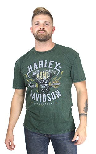 Harley-Davidson 5J31-HE5A Mens Street Machine Engine Flames Mineral Wash Green Short Sleeve (Large)