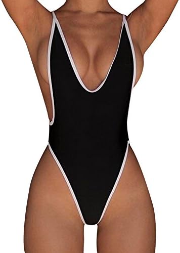 Women Deep V Neck One Piece Thong Swimsuit High Cut Backless Swimwear Monokini (Tag M -- US 6, Black)