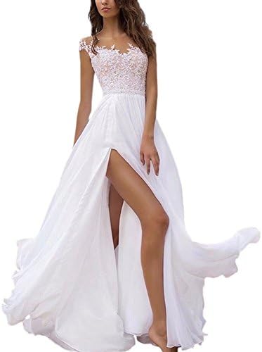 Holygift Women's A-Line Double V Neck Chiffon Lace Cap Sleeves Beach Wedding Dresses Bridal Gown