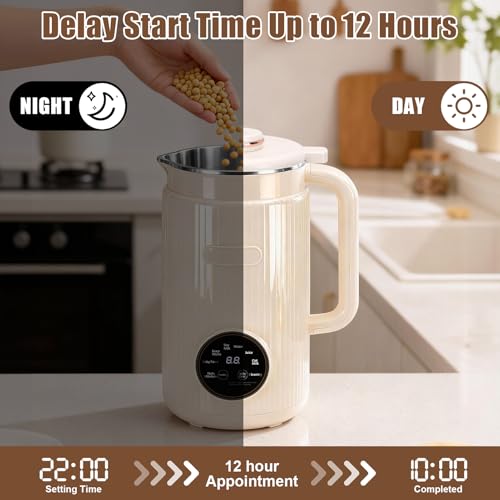 HISUEKIG Soy Milk Machine 1200ml, 8 in 1 Nut Milk Maker with 12 Blades, Temperature Control, Self-cleaning Keeping Warm, for Oat Almonds (Beige)