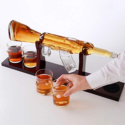 Whiskey Decanter Set, 800ML Elegant Rifle Whiskey Decanter with 4 Bullet Glasses And Pine Base, Lead Free High White Glass, for All Spirits Liquor - Perfect Gift - Thumbnail 2