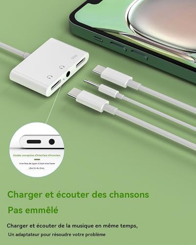 Adaptateur USB C Écouteur Jack Casque 3.5mm pour iPhone 16 15 Chargeur Compatible avec Samsung AUX Audio Câble Splitter Type C Prise Connecteur pour Apple pour iPad Téléphone Voiture Accessories
