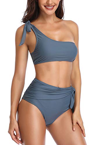Almaree Women's Oversized Tie Front Two Piece Bikini One Shoulder Swimsuit Gray XL - Thumbnail 2