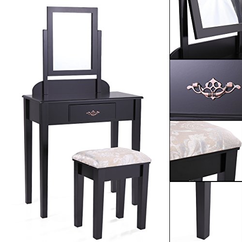 JAXPETY New Black 3 pc Set Boudoir Makeup Cosmetic Mirror Vanity Table Desk W/Bench - Thumbnail 4