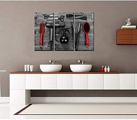 Levvarts 3 Piece Modern Canvas Painting Barber Shop Wall Art Vintage Hair Cutting Tools On Wooden Board Picture Prints Black And Red Artwork For Home Salon Bathroom Living Room Wall Decor