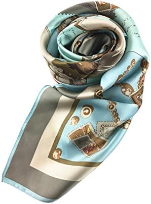 Nita 100% Natural Mulberry Silk Classic Belt &amp; Chain Scarf 35"x35" (Lake-Blue)