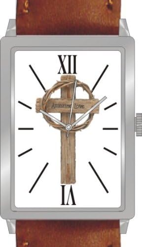 "Amazing Love" Is the Inspirational Image on the Dial of the Unisex Size Polished Chrome Rectangle Case with Brown Leather Strap