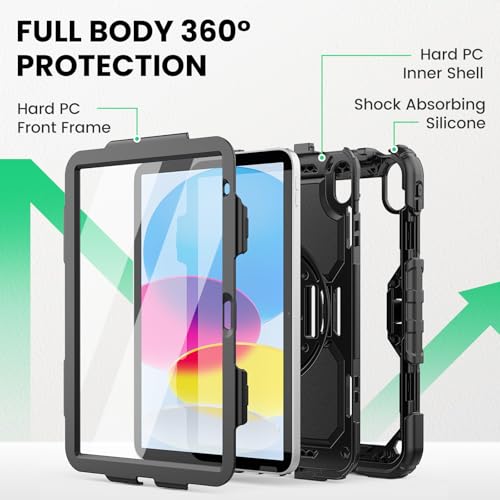 SEYMAC Case for iPad (A16) 11th/10th Generation 2025/2022 11/10.9 Inch, iPad 10th Generation Case, Shockproof Case with Screen Protector, 360 Rotating Stand, Pencil Holder, Shoulder Strap, Black