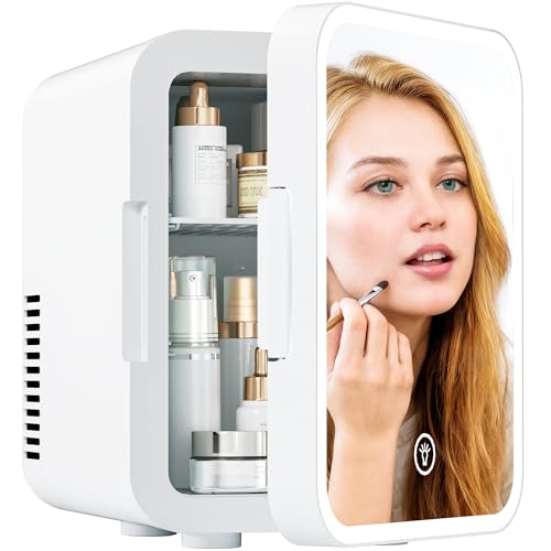 EUHOMY Skincare Fridge, 5 Liter Mini Fridge for Bedroom with Dimmable LED Mirror, AC/DC Portable Cooler & Warmer for Skincare, Cosmetics and Food, Makeup Fridge for Bedroom, Car & Office, White