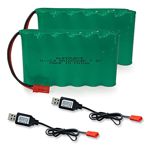 GLESOURCE 2 Pack 7.2V 1000mAh 6 Cell AA Nicd Rechargeable Battery with Red JST Plug and 2PCS USB Charger Cable for New Version TR-211 TR-215 550 15 Channel RC Excavator 550 Battery