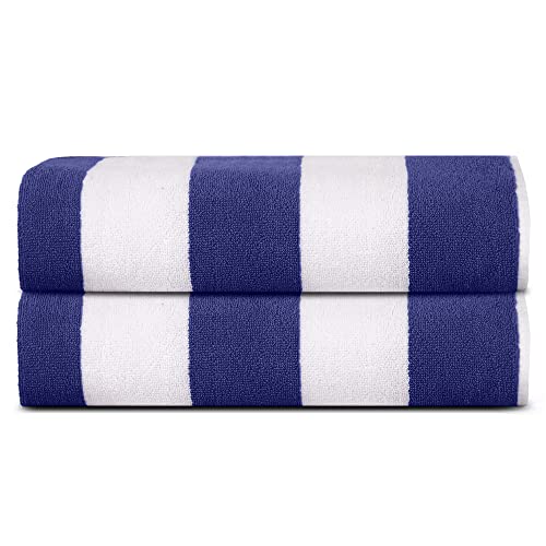 Sweet Needle Beach Towels for Adults Set of 2 – Royal Blue White Cabana Striped Classic – 100% Cotton Terry Ringspun Pool Towel, Quick Dry, Super Absorbent, 450 GSM, 100 x 150 cm