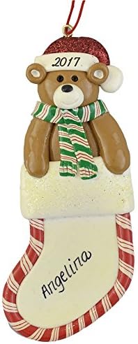 Christmas Stocking with Bear Personalized Ornament - Calliope Designs - For Boy or Girl - 5" tall - Handcrafted - Free Customization