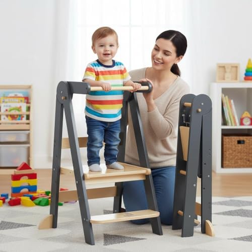 Learning Tower, Foldable Wooden Toddler Tower with Safety Rail, Kitchen Stool Helper, Standing Tower with 3 Adjustable Heights, Mother's Helper, Montessori Step Stools for Bathroom Sink