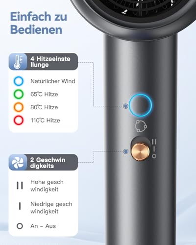 Ion Hair Dryer with Diffuser Quick Drying Hair Dryer Portable Travel Hair Dryer Grey | 1800 W hair dryer, hair dryer, small compact hair dryer with attachments, 3 temperature settings / 2-speed