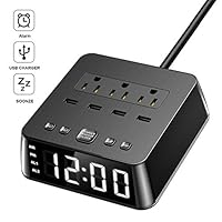 Dual Alarm Clock with USB Charger,Alarm Clock Charging Station Dock with 3 AC Outlets & 4 USB Ports Surge Protector, 6ft Extension Cord, USB Bedside Alarm Clock for Bedrooms Home Dorm Hotel,UL Listed