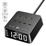 Yostyle Alarm Clock Charger w/4 USB Ports & 3 AC Outlets, 6ft Power Cord Charging Station Power Strip for Hotel Home,UL Tested (Dual Alarm,4 Dimmer Brightness,Snooze,ON/Off Switch,Battery Backup)