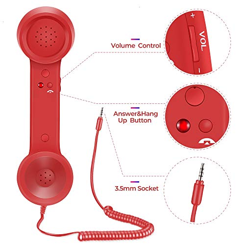 Cell Phone Handset,Retro Telephone Handset Anti Radiation Receivers 3.5MM for iPhone iPad,Mobile Phones,Computer Red