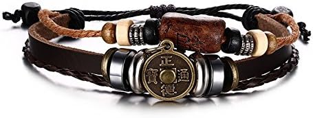 ALBEST Jewelry Men's Vintage Coins Hematite Wood Beads Leather Adjustable Braided Rope Bracelet