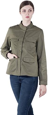 INFRON Women Casual Olive Green Multi Flap Pocket Stand Collar Cotton Jacket Coat