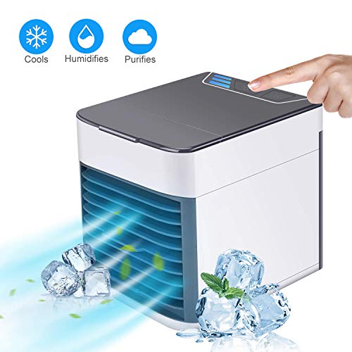 Zeonetak Portable Air Conditioner Fan Personal Evaporative Air Cooler Humidifier, Purifier, 3 in 1 Mini USB Charging Desktop Cooling Fan, 3Speeds, with 7 Colors LED Light for Office Bedroom Travel