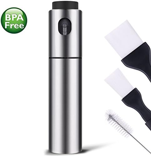 Olive Oil Sprayer, Oil Mister Kitchen and Grill Cooking Oil Trigger Sprayer BottleStainless Steel Olive Oil Dispenser for Portion Control Cooking and Baking Barbecue with Bouns Brushes (Sliver)