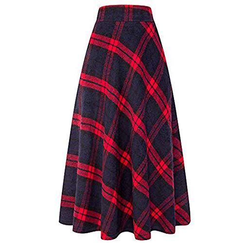 Womens Plaid Maxi Skirt A-line High Waist Winter Warm Flare Long