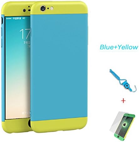 iPhone 6 6s Case, 3 in 1 Ultra-thin 360 Degree Full Body Coverage Hard PC Cover with Tempered Glass Screen Protector and Lanyard Strap for IPhone 6 plus/6s plus (iPhone 6 6s, Blue+Yellow)