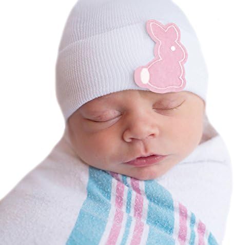 Melondipity Baby Hat Pink Bunny Patch White Newborn Girl Hospital Hat