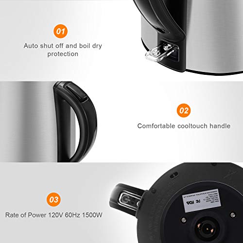 Electric Kettle - Hot Water Kettle 1.7 Liter - Stainless Steel Cordless Tea Kettle 1500W with Auto Shut-off, Boil-Dry Protection