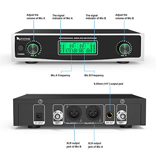 Wireless Microphone System,FIFINE Two Handheld Dynamic Cordless Mic and Dual Channel Receiver, 50 Selectable UHF Frequency for Karaoke Singing Party,Church,Worship,Wedding,School Presentation.(K040)
