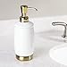 mDesign Bath Accessory Set, Soap Pump, Toothbrush Holder, Paper Cup Dispenser, Vanity Towel Tray - Set of 4, White/Soft Brass