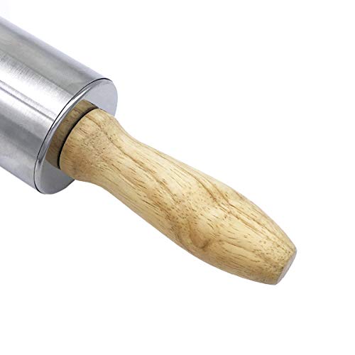 17" Nonstick Stainless Steel Rolling Pin with Wooden Handle - Perfect for Baking Dough, Pie, Pizza, Pastry and Cookies