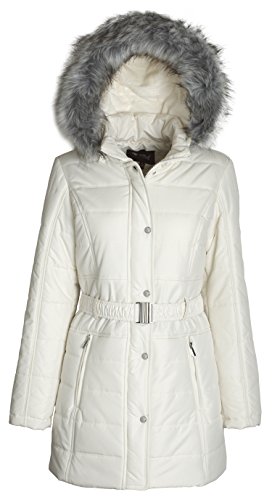 Sportoli Women's Longer Length Belted Winter Puffer Coat with Plush Lined Hood (White / 2X)