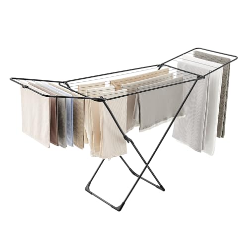 Tendedero de Ropa, Tendedero de Metal, Plegable, Ahorra Espacio, Uso en Interiores y Exteriores, para Ropa de Cama, con 2 Alas, Negro LLR540B01