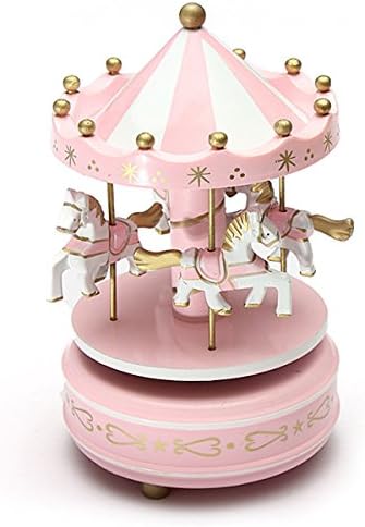 "Pink 1Pc " Wooden + Plastic Merry-Go-Round Carousel Music Box Christmas Birthday Gift Toy Set104