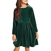 UELoop Girls' Velvet Dress Long Sleeve Crew Neck Ruffle Hem Formal A-Line Dress for 5-14Y Girls