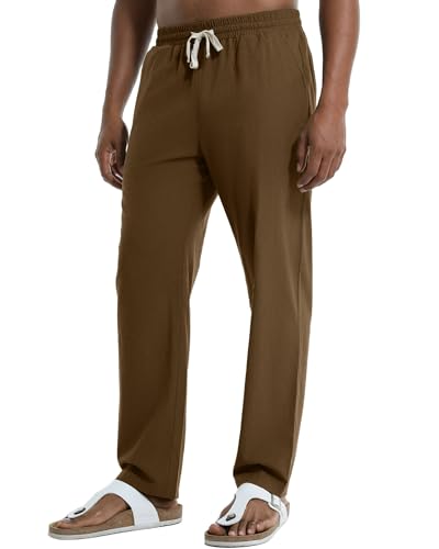 Kallspin Mens Cotton Blend Beach Pants Summer Casual Drawstring Trousers Relaxed Fit Lounge Pants with Pockets (Brown, L) at Amazon