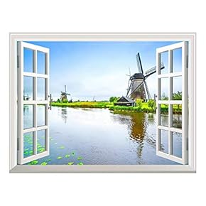 Self-Adhesive Wallpaper Large Wall Mural Series (24" x32, Windmill and a Peaceful Lake)