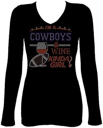 Cowboys & Wine Girl Rhinestone Football V Neck Long Sleeve Tee Shirt