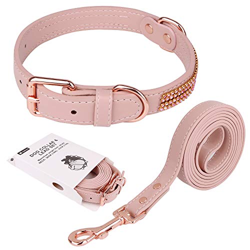 YIHATA Dog Leash and Collar Set Luxury Leather Running Dogs and Leashes and Collars Sets, Adjustable Collar with Matching Leash Zinc Alloy Clasp, Idea for Small Medium Dogs, Pets(Pink)
