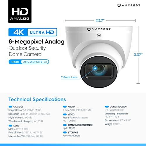 Amcrest Analog 4K Outdoor Security Camera, Turret 8MP 20fps CCTVCoax