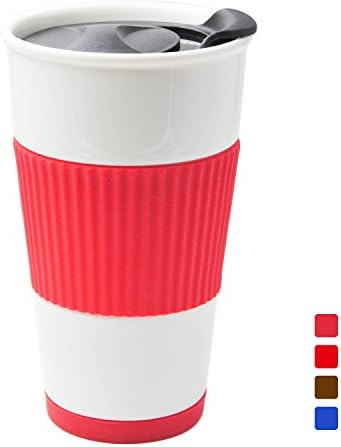 UDMug Car Commuter Travel Coffee Ceramic Cup with Spill Proof Slider Lid, Silicone Sleeve &amp; Built-In Coaster, 14 fl.oz (Coral)