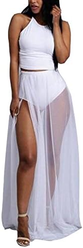 Women's Sleeveless Mesh Slit Crop Top Skirt Set 2 Pieces Outfits Party Maxi Dresses Clubwear Small White