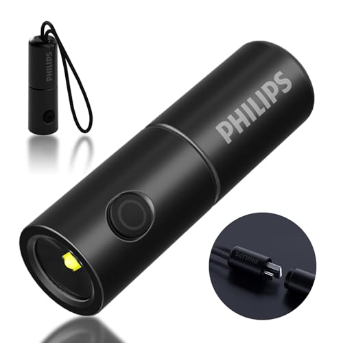 PHILIPS SFL1126 Linterna LED Recargable, Linterna Portátil con Silbato de Supervivencia, 300 Lúmenes Mini Flashlight, Multiusos para Lectura, Paseo de Perros, Emergencia