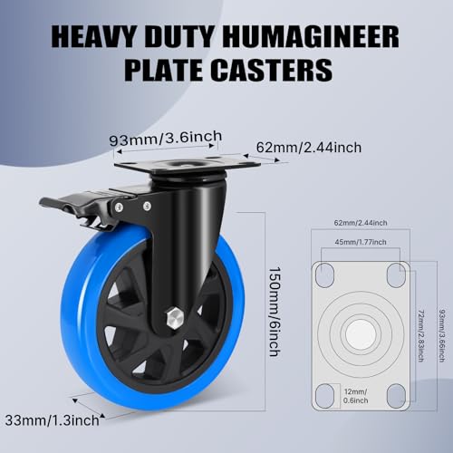 Humagineer 150mm Heavy Duty Furniture Casters with Double Brake, Heavy Duty Swivel Casters for Heavy Loads, 1200kg Load, Silent and Durable Polyurethane Castors, Set of 4
