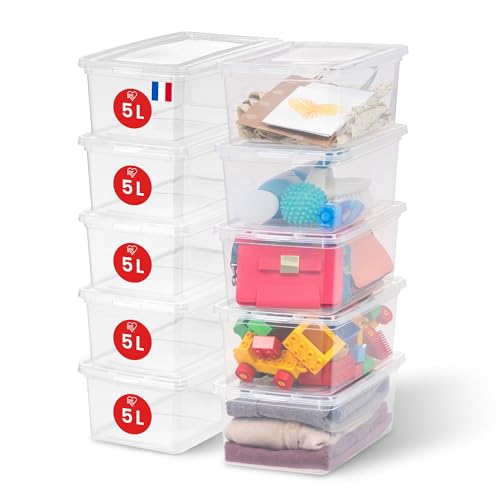 Iris Ohyama 10 Cajas de Almacenaje Plástico Versátiles con Tapa, 5L, Transparente, Cierre fácil, Apilable, para Armario, Estante, Aula, Organizadora, Ropa, Zapatos, Libre de BPA, CNL-5