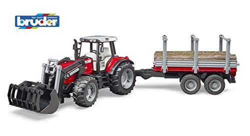 bruder 02046 - Massey Ferguson 7480 mit Frontlader, Holztransportanhänger, 3 Baumstämmen - 1:16 Traktor Trecker Schlepper Transportanhänger Tieflader Landwirtschaft Bauernhof Spielzeug