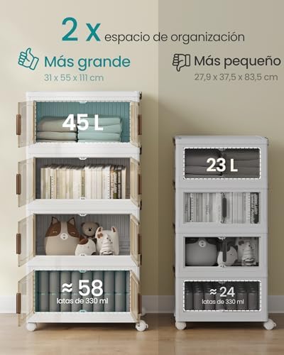 Cajas de Almacenamiento de 4 Niveles, Organizador con 1 Tapa, Cajas Apilables, con Ruedas, de Plástico, con Puerta Magnética, Blanco, 45 L por Nivel, RLB450WZ01