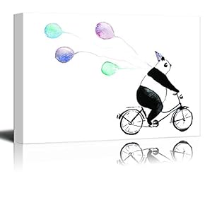 Animal Canvas Wall Art Series - Panda Riding a Bicycle - Giclee Print Gallery Wrap Modern Home Art Ready to Hang - 12x18 inches