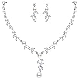 EVER FAITH CZ Cream Simulated Pearl Wedding Floral Vine Filigree Necklace Earrings Set Clear Silver-Tone